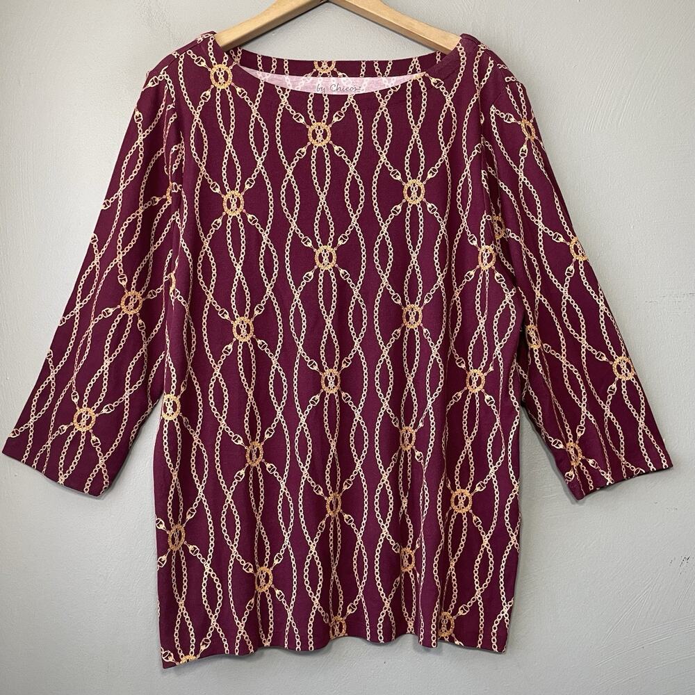 Chicos Knit Top 3 Size XL Burgundy Gold Chain Print Old Money Equestrian Glam